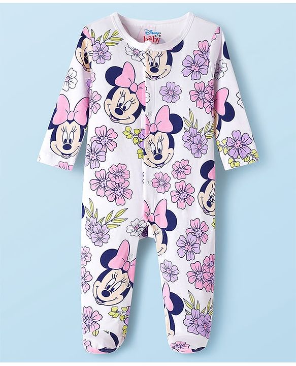 Babyhug Disney Interlock Knit Full Sleeves Footed Sleepsuit With Minnie Mouse Graphics Pack Of 2 - Green & White