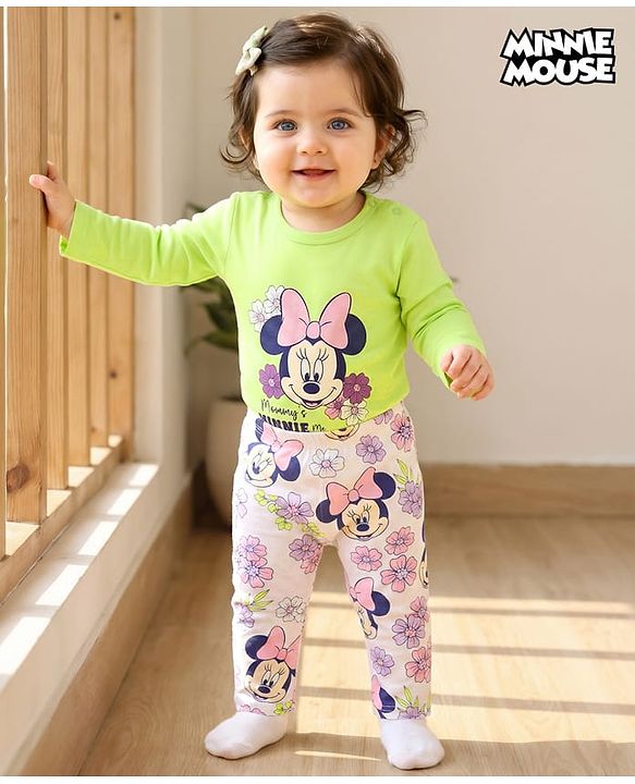 Babyhug Disney Interlock Knit Full Sleeves Onesies with Diaper Legging & Minnie Mouse Graphics - Light Green & White