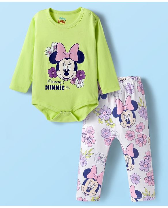 Babyhug Disney Interlock Knit Full Sleeves Onesies with Diaper Legging & Minnie Mouse Graphics - Light Green & White