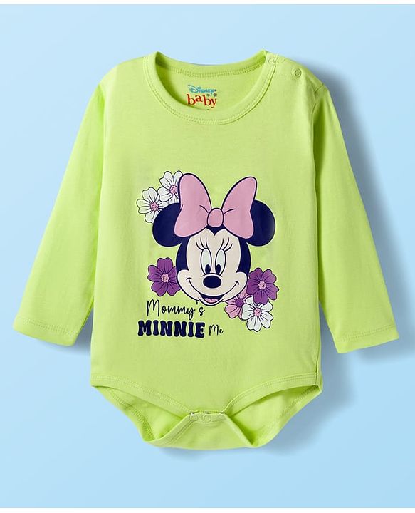 Babyhug Disney Interlock Knit Full Sleeves Onesies with Diaper Legging & Minnie Mouse Graphics - Light Green & White