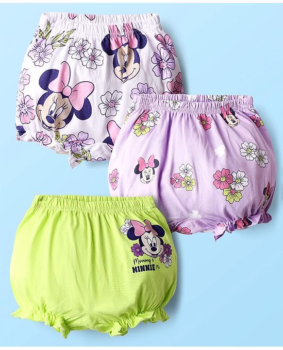 Babyhug Disney Interlock Knit Mid Thigh Bloomers With Minnie Mouse Graphics Pack of 3 - Purple & Green
