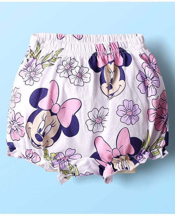 Babyhug Disney Interlock Knit Mid Thigh Bloomers With Minnie Mouse Graphics Pack of 3 - Purple & Green