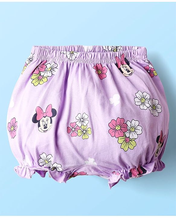 Babyhug Disney Interlock Knit Mid Thigh Bloomers With Minnie Mouse Graphics Pack of 3 - Purple & Green