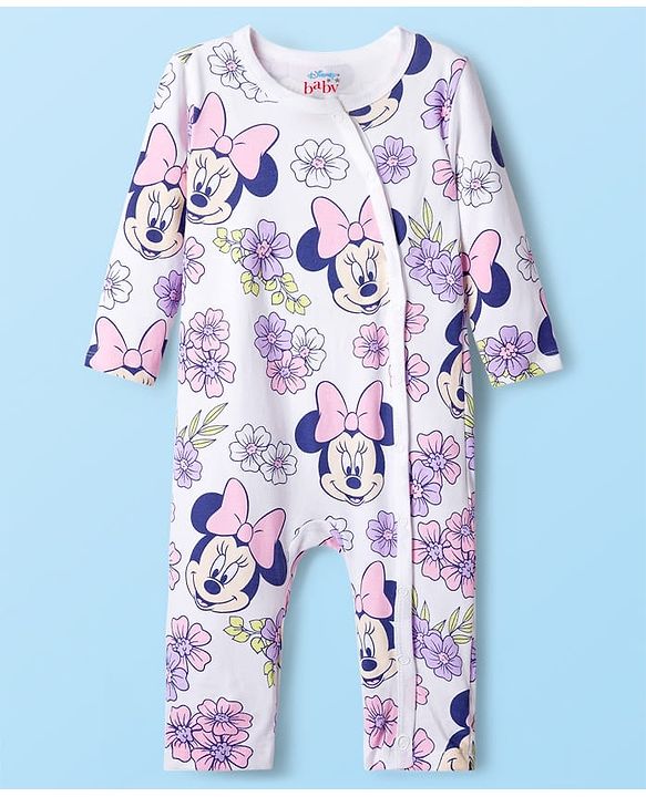 Babyhug Disney Interlock Knit Full Sleeves Rompers With Minnie Mouse Graphics Pack of 3 - Light Green & Lavender