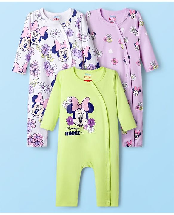 Babyhug Disney Interlock Knit Full Sleeves Rompers With Minnie Mouse Graphics Pack of 3 - Light Green & Lavender