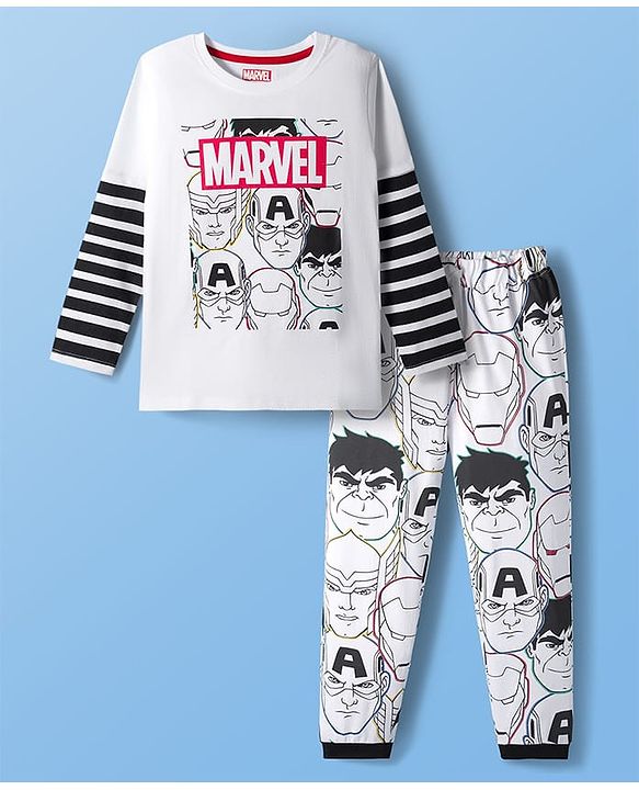 Pine Kids Marvel Single Jersey Knit Full Sleeves Night Suit With Avengers Graphics - White