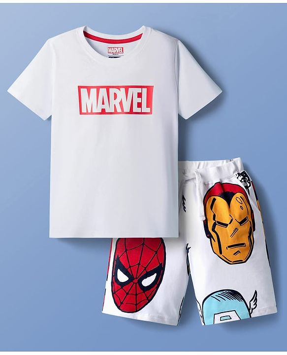 Pine Kids Marvel Single Jersey Knit Half Sleeve T-Shirt & Shorts  Set with Avengers Graphics - White