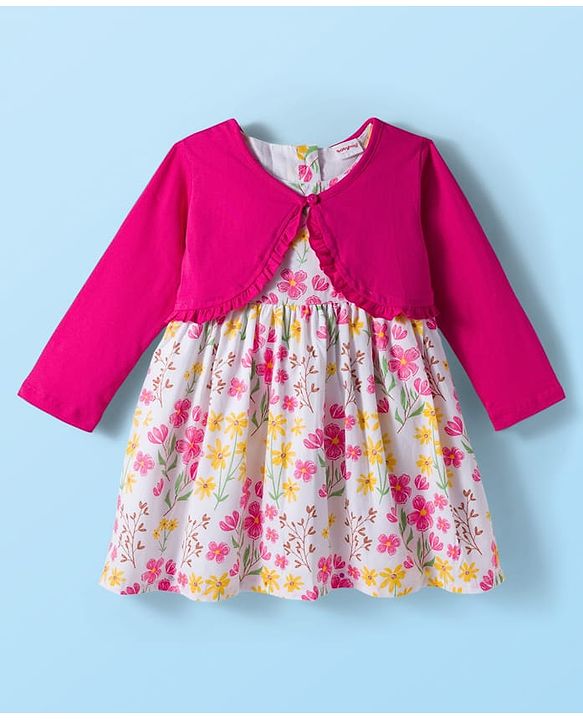 Babyhug Cotton Woven Floral Printed Frock with Full Sleeves Shrug - Dark Pink & White