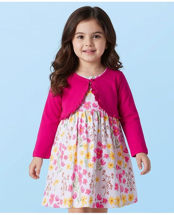 Babyhug Cotton Woven Floral Printed Frock with Full Sleeves Shrug - Dark Pink & White