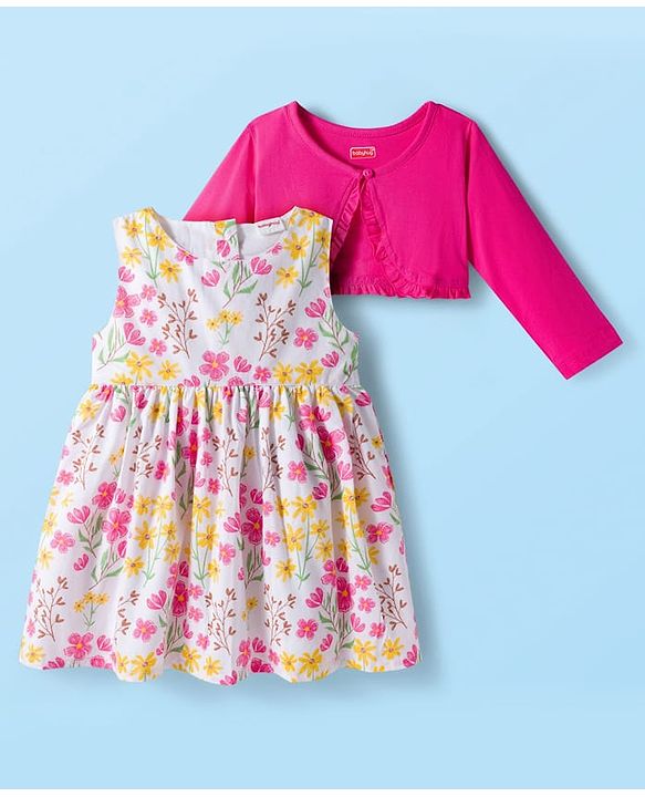 Babyhug Cotton Woven Floral Printed Frock with Full Sleeves Shrug - Dark Pink & White