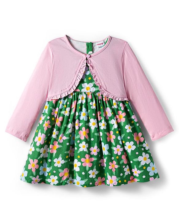 Babyhug Cotton Woven Floral Printed Frock with Full Sleeves Shrug - Pink & Green