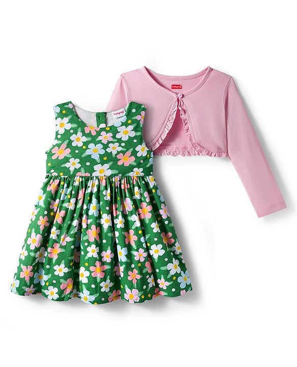 Babyhug Cotton Woven Floral Printed Frock with Full Sleeves Shrug - Pink & Green