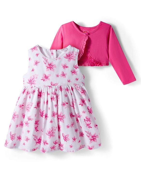 Babyhug Cotton Woven Full Sleeves Shrug & Frock with Floral Print - Pink & White