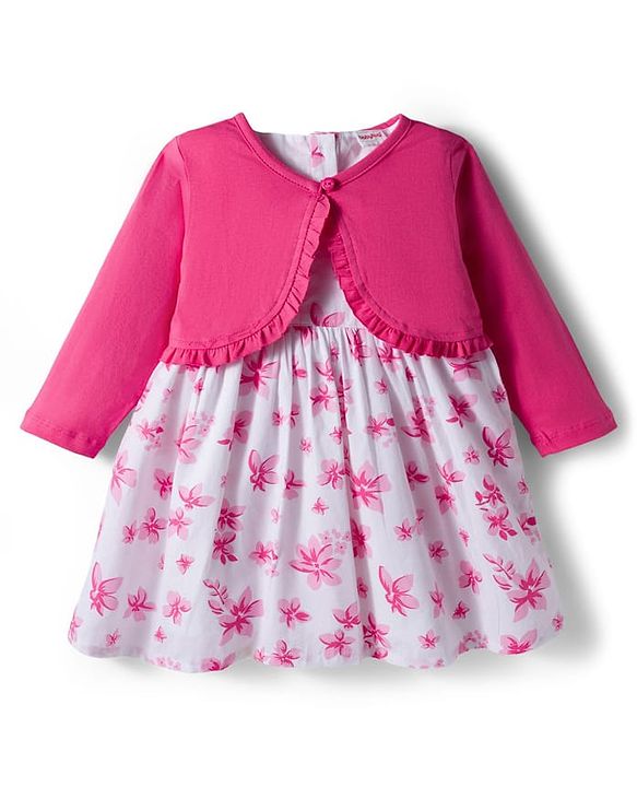 Babyhug Cotton Woven Full Sleeves Shrug & Frock with Floral Print - Pink & White