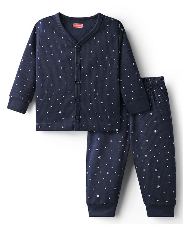Babyhug Knit Full Sleeves Solid Color Front Open Thermal Vest & Pant Set - Navy Blue