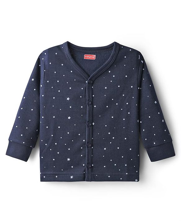 Babyhug Knit Full Sleeves Solid Color Front Open Thermal Vest & Pant Set - Navy Blue