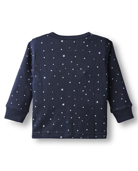 Babyhug Knit Full Sleeves Solid Color Front Open Thermal Vest & Pant Set - Navy Blue