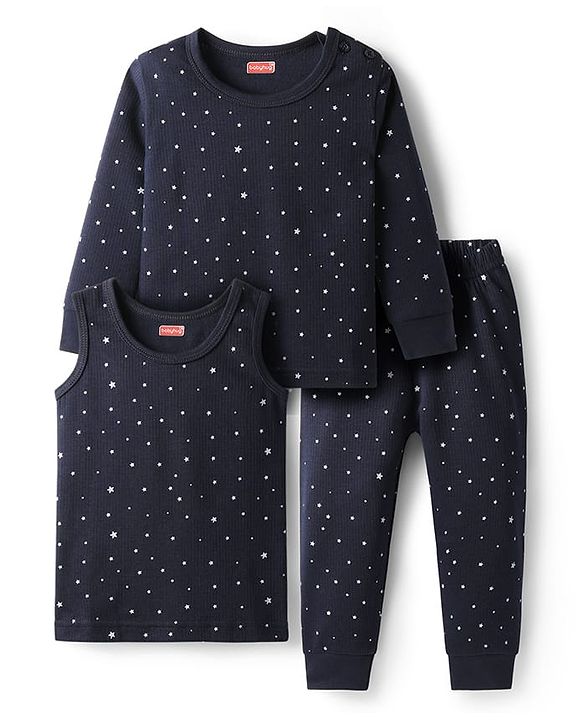 Babyhug Cotton Knit Full Sleeves Star Printed Thermal Wear Set With Vest - Navy Blue