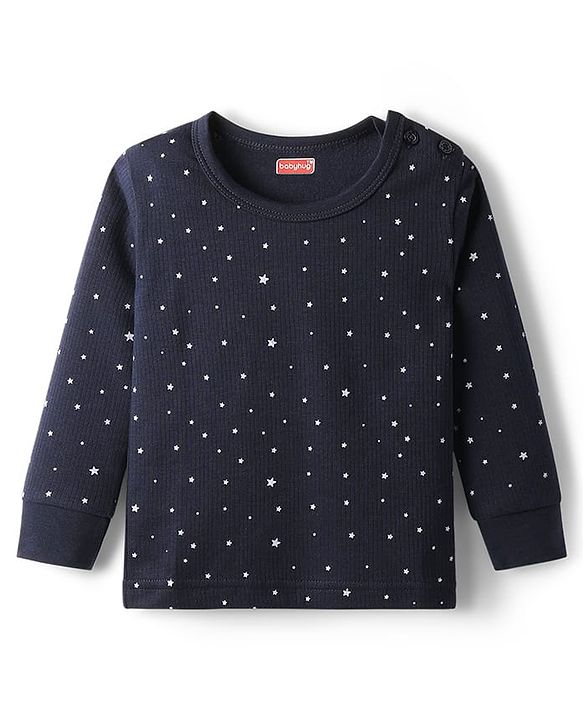 Babyhug Cotton Knit Full Sleeves Star Printed Thermal Wear Set With Vest - Navy Blue