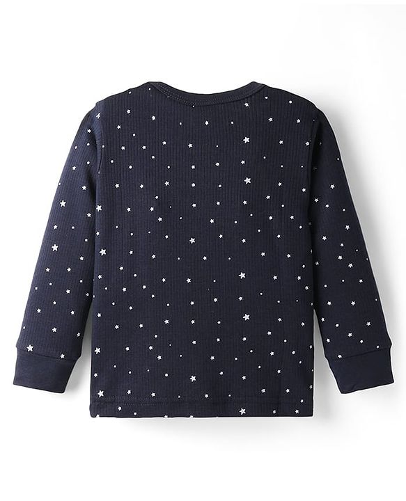 Babyhug Cotton Knit Full Sleeves Star Printed Thermal Wear Set With Vest - Navy Blue