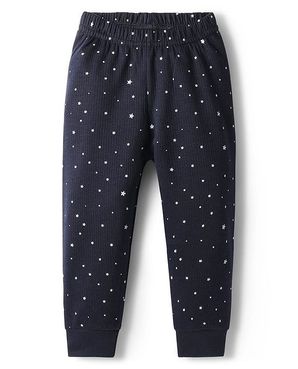 Babyhug Cotton Knit Full Sleeves Star Printed Thermal Wear Set With Vest - Navy Blue