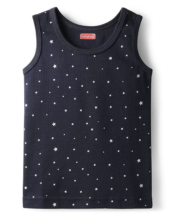 Babyhug Cotton Knit Full Sleeves Star Printed Thermal Wear Set With Vest - Navy Blue