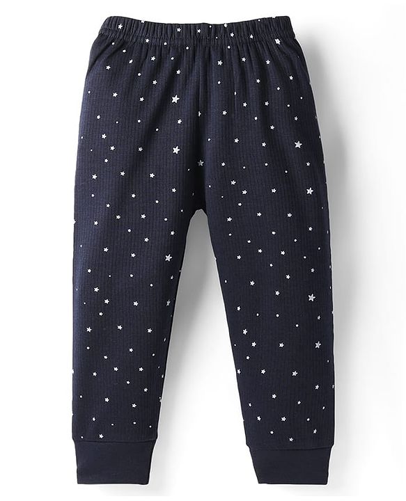 Babyhug Cotton Knit Full Sleeves Star Printed Thermal Wear Set With Vest - Navy Blue