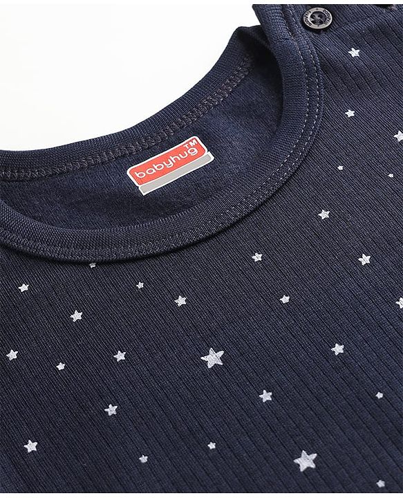 Babyhug Cotton Knit Full Sleeves Star Printed Thermal Wear Set With Vest - Navy Blue