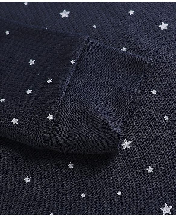 Babyhug Cotton Knit Full Sleeves Star Printed Thermal Wear Set With Vest - Navy Blue