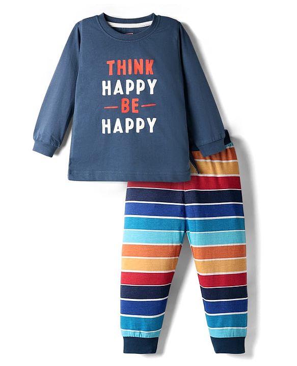 Babyhug Single Jersey Knit Full Sleeves T-Shirt & Joggers Set with Think Happy Be Happy Text Print - Navy Blue