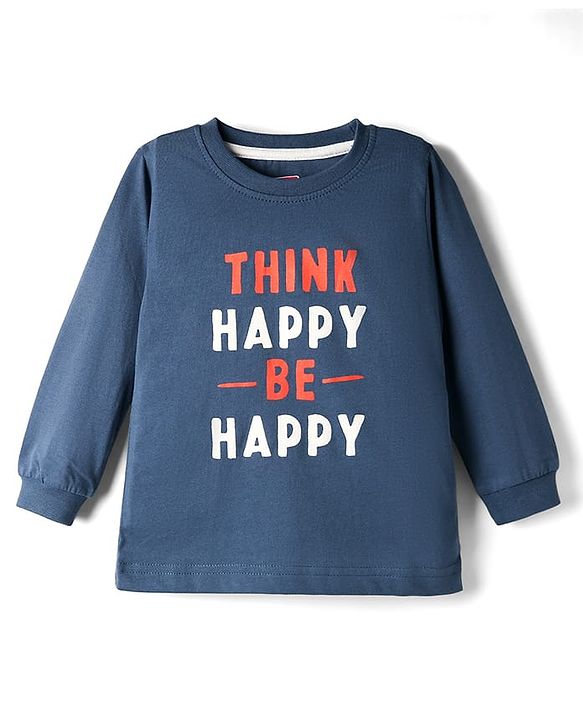 Babyhug Single Jersey Knit Full Sleeves T-Shirt & Joggers Set with Think Happy Be Happy Text Print - Navy Blue