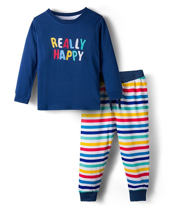 Babyhug Single Jersey Knit Full Sleeves T-Shirt & Joggers Set with Really Happy Text Print - Navy Blue