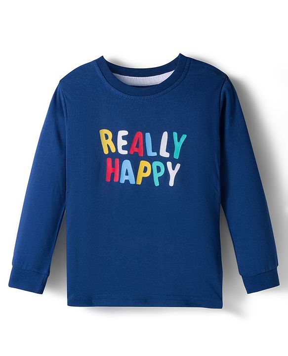 Babyhug Single Jersey Knit Full Sleeves T-Shirt & Joggers Set with Really Happy Text Print - Navy Blue