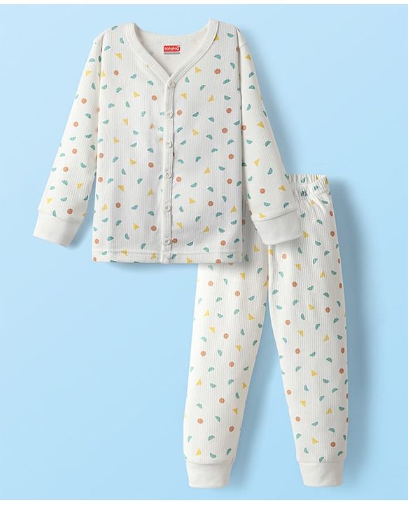 Babyhug Cotton Knit Full Sleeves Thermal Vests & Pant Set with Geometric Print - Offwhite