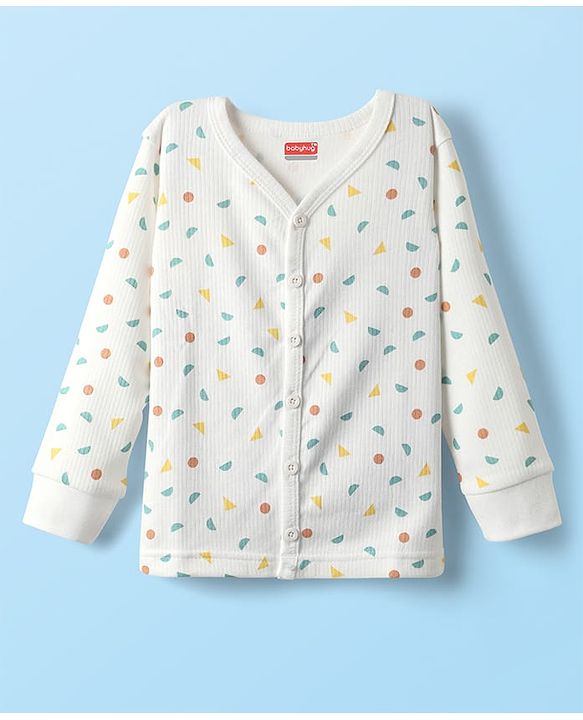 Babyhug Cotton Knit Full Sleeves Thermal Vests & Pant Set with Geometric Print - Offwhite