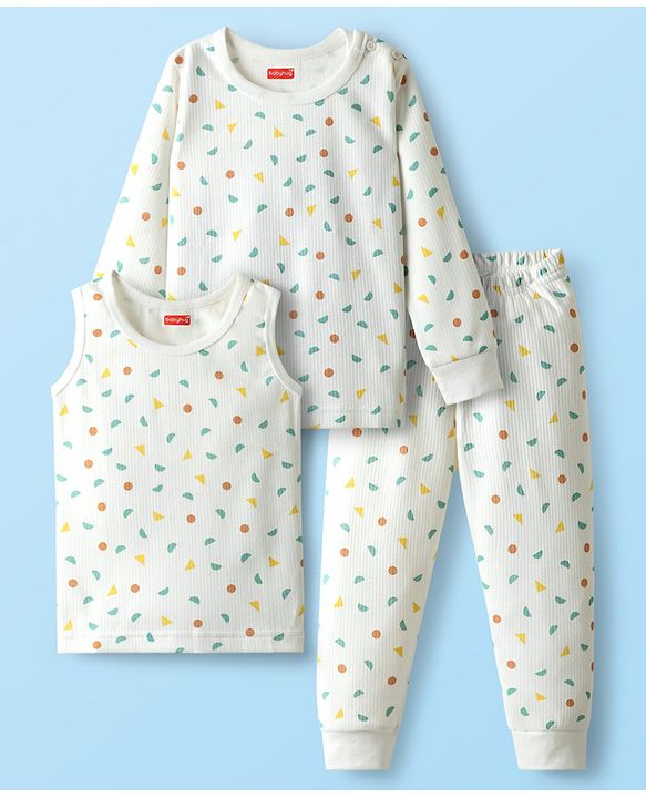 Babyhug Cotton Knit Full Sleeves Thermal Vests & Pant Set with Geometric Print - Offwhite