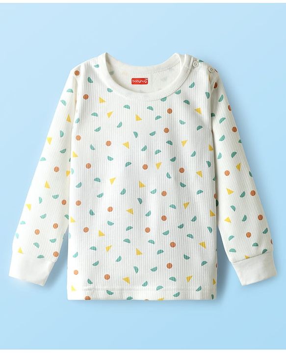 Babyhug Cotton Knit Full Sleeves Thermal Vests & Pant Set with Geometric Print - Offwhite
