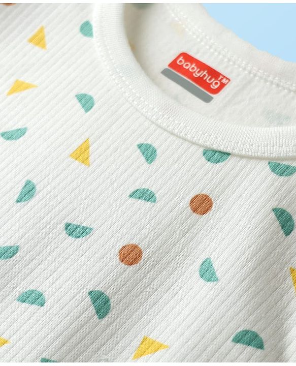 Babyhug Cotton Knit Full Sleeves Thermal Vests & Pant Set with Geometric Print - Offwhite
