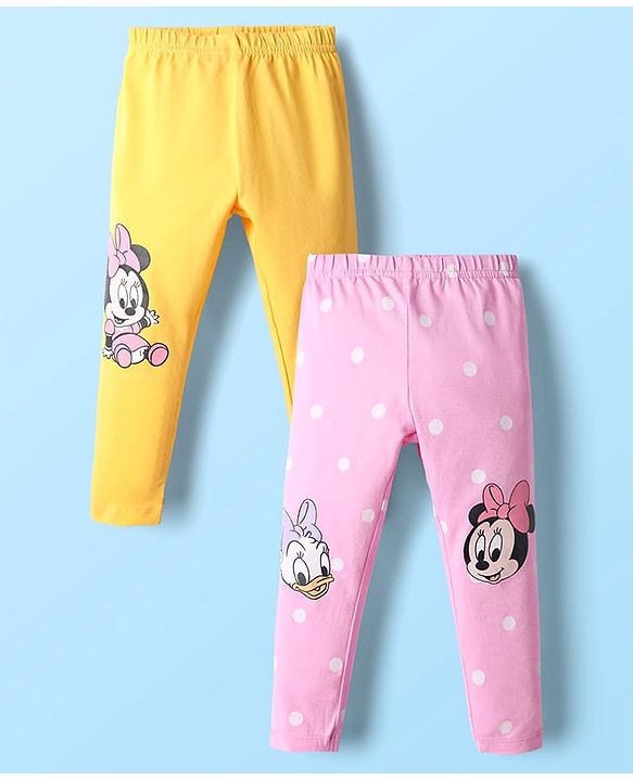 Babyhug Disney Cotton Lycra knit Full Length Legging With Minnie Mouse Graphics Pack of 2 - Yellow & Pink