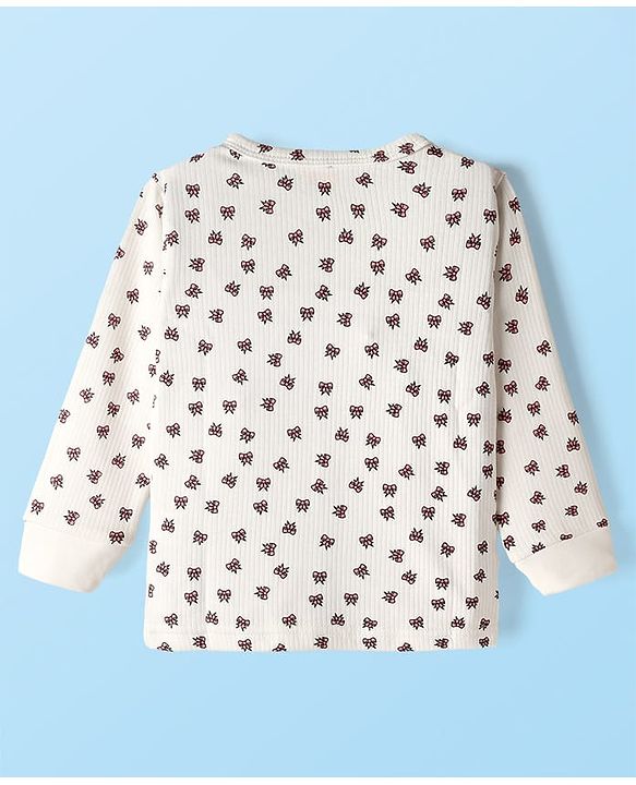 Babyhug Knit Full Sleeves Thermal Vest & Pant Set with Bow Print - Off White