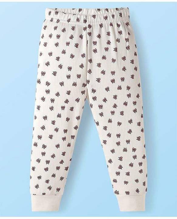 Babyhug Knit Full Sleeves Thermal Vest & Pant Set with Bow Print - Off White