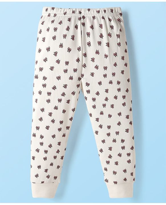 Babyhug Knit Full Sleeves Thermal Vest & Pant Set with Bow Print - Off White
