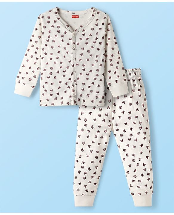 Babyhug Knit Full Sleeves Thermal Vest & Pant Set with Bow Print - Off White