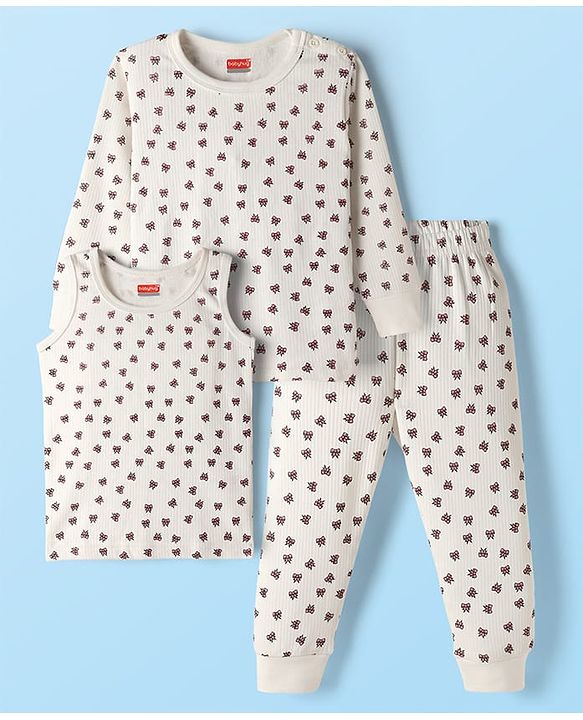Babyhug Knit Full Sleeves Pullover Thermal Set With Bow Print - Off White