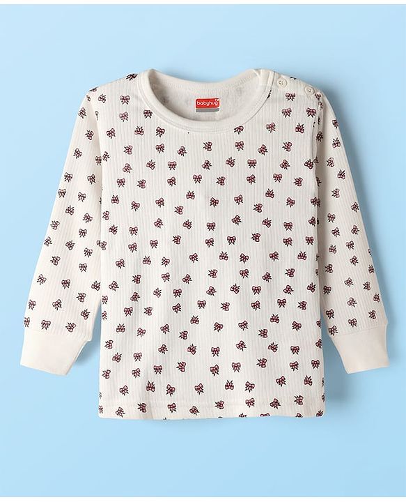 Babyhug Knit Full Sleeves Pullover Thermal Set With Bow Print - Off White
