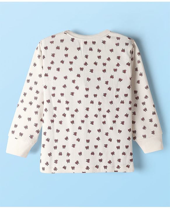 Babyhug Knit Full Sleeves Pullover Thermal Set With Bow Print - Off White