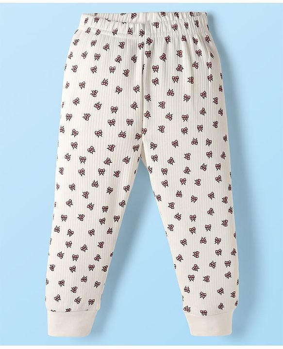 Babyhug Knit Full Sleeves Pullover Thermal Set With Bow Print - Off White
