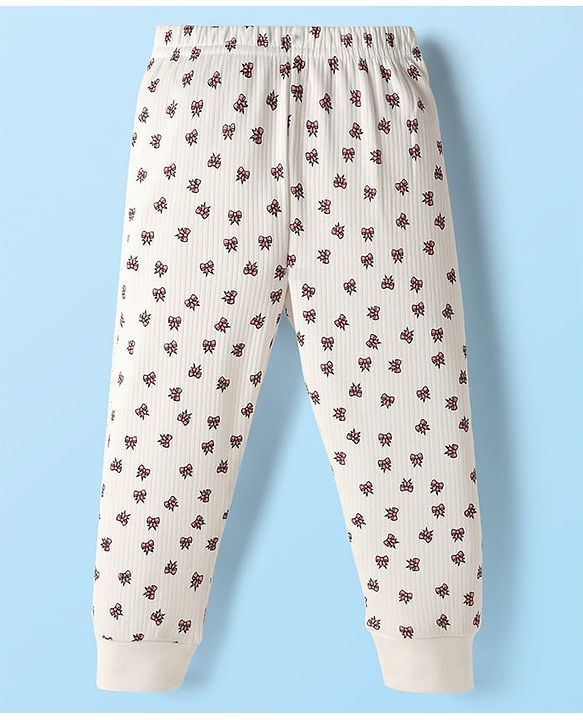 Babyhug Knit Full Sleeves Pullover Thermal Set With Bow Print - Off White
