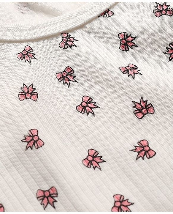 Babyhug Knit Full Sleeves Pullover Thermal Set With Bow Print - Off White