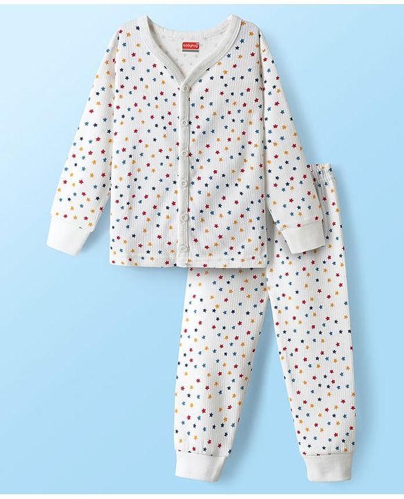 Babyhug Knit  Full Sleeves Front Open Thermal Vest And Pant Set With Star Print - Off-White